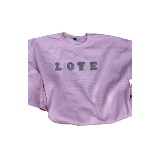 SIZE XL- Pink L O V E Chenille Patch Sweatshirt w/ Lavender Letters