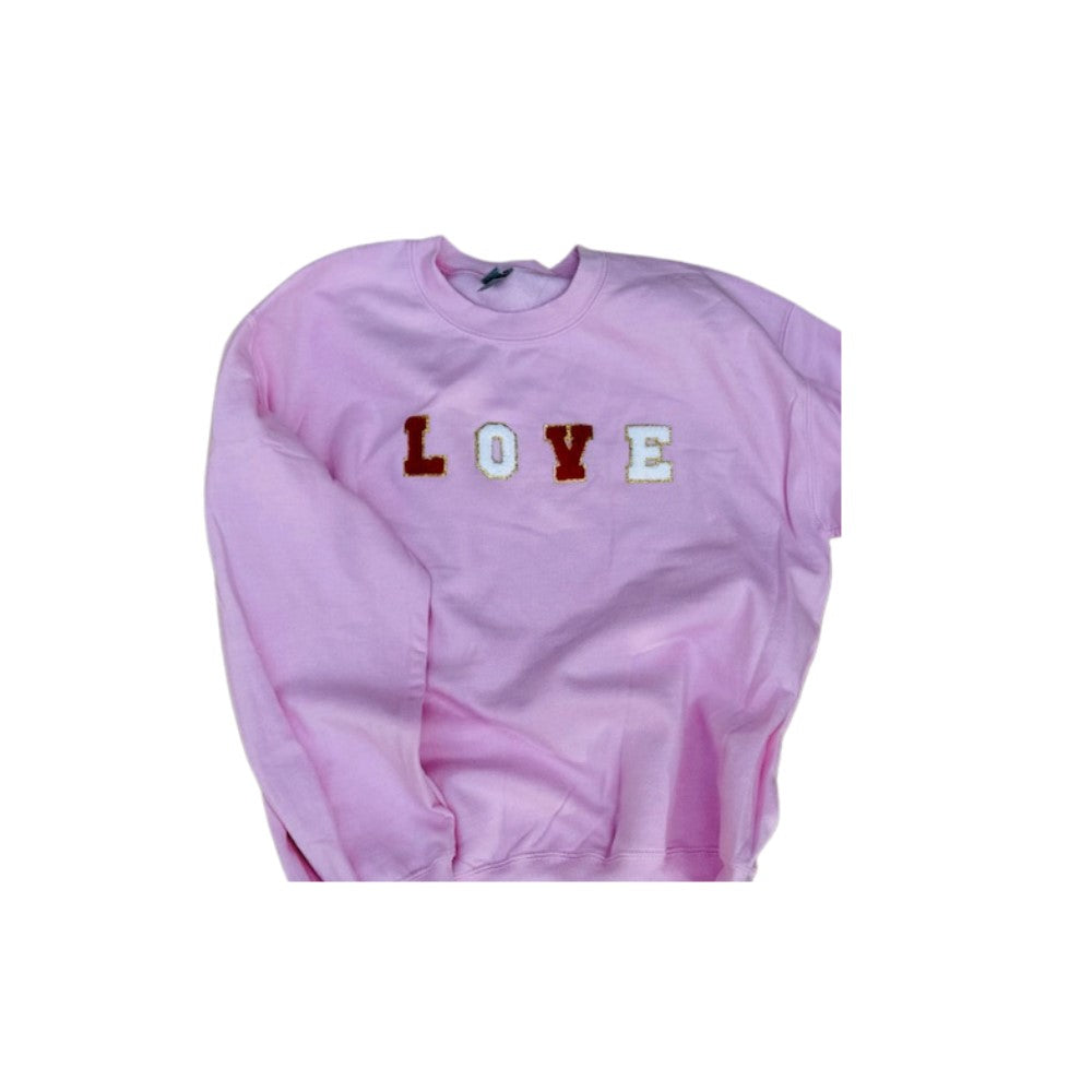 SIZE M- Pink L O V E Chenille Patch Sweatshirt w/ red&white letters