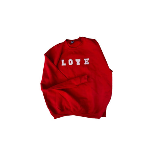 SIZE XL- Red L O V E Chenille Patch Sweatshirt w/ Pink Lettering