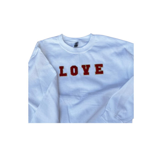 SIZE XL- White L O V E Chenille Patch Sweatshirt w/ Red Lettering